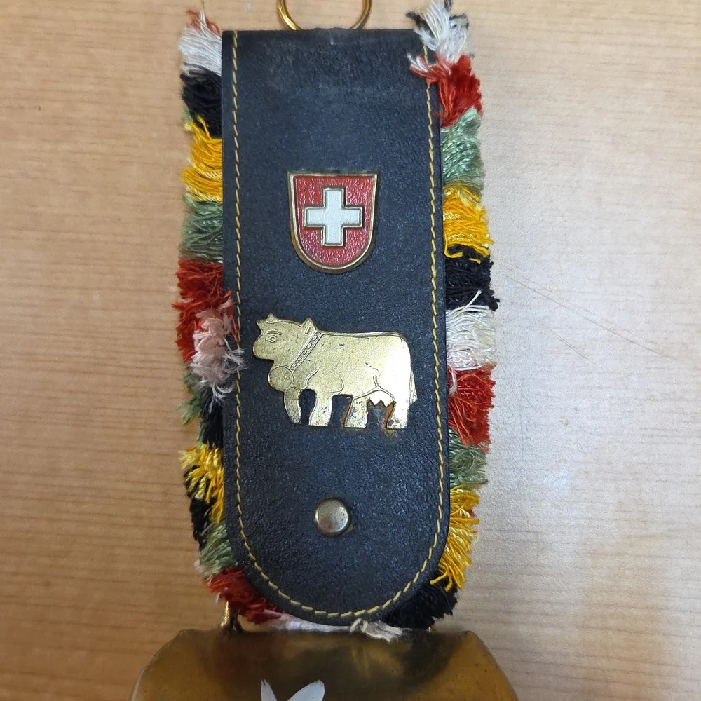 Vintage Swiss Cow Bell W Enamel Shield Emblem Brass‎ Cow Switzerland